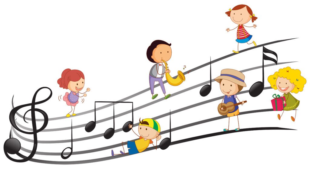 vector art of children playing music with musical notes .