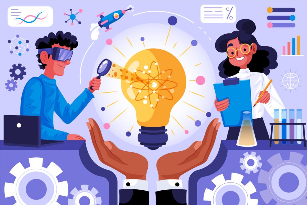 Vector illustration depicting people engaged in laboratory work, with a light bulb overhead, representing creativity and discovery.

The BEST Teacher Training Institute in Mumbai Borivali 