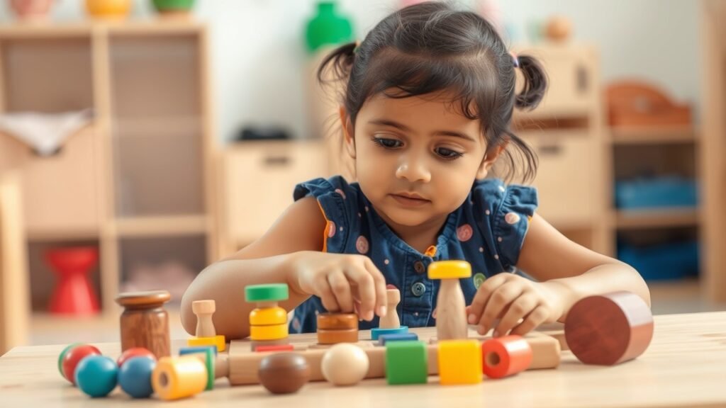 Cute little girl playing with colorful wooden toys in kindergarten.