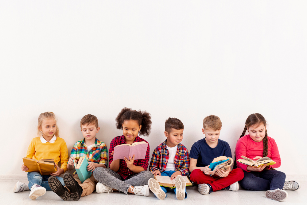 group of kid's reading books .