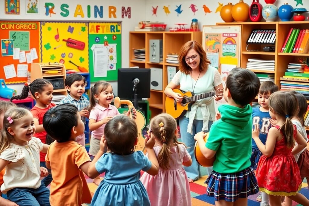 children and adults in a classroom playing music.