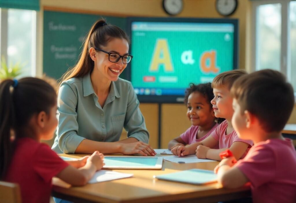 A teacher guiding children at a desk, promoting collaboration and learning in a cheerful classroom setting.
BEST Teacher Training Institute in Mumbai Borivali