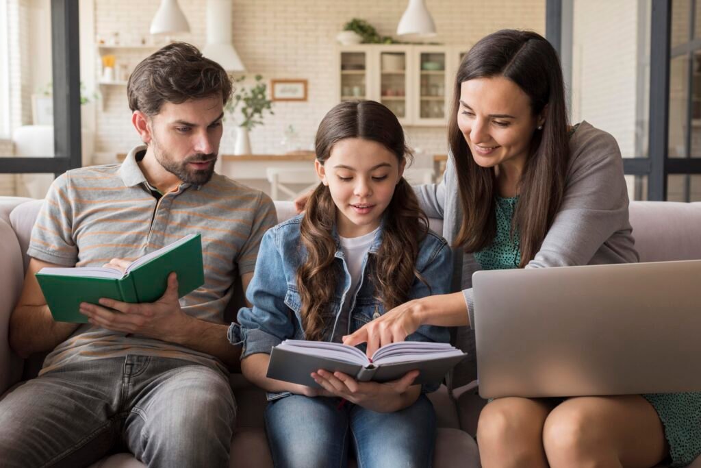 family enjoying reading book togather.