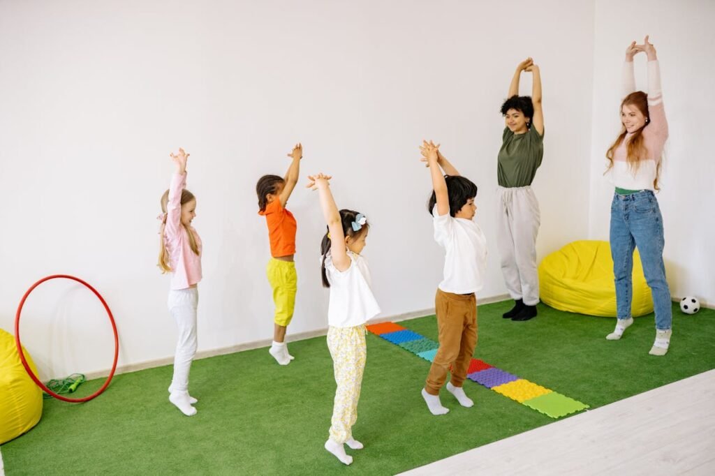 The primary kids are doing exercises.
