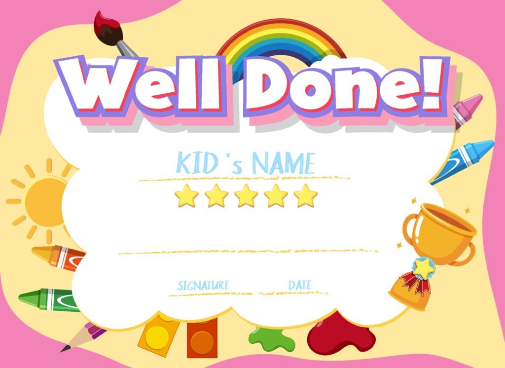 A colorful certificate template for kids, featuring a "Well Done" message and decorative elements for celebration.